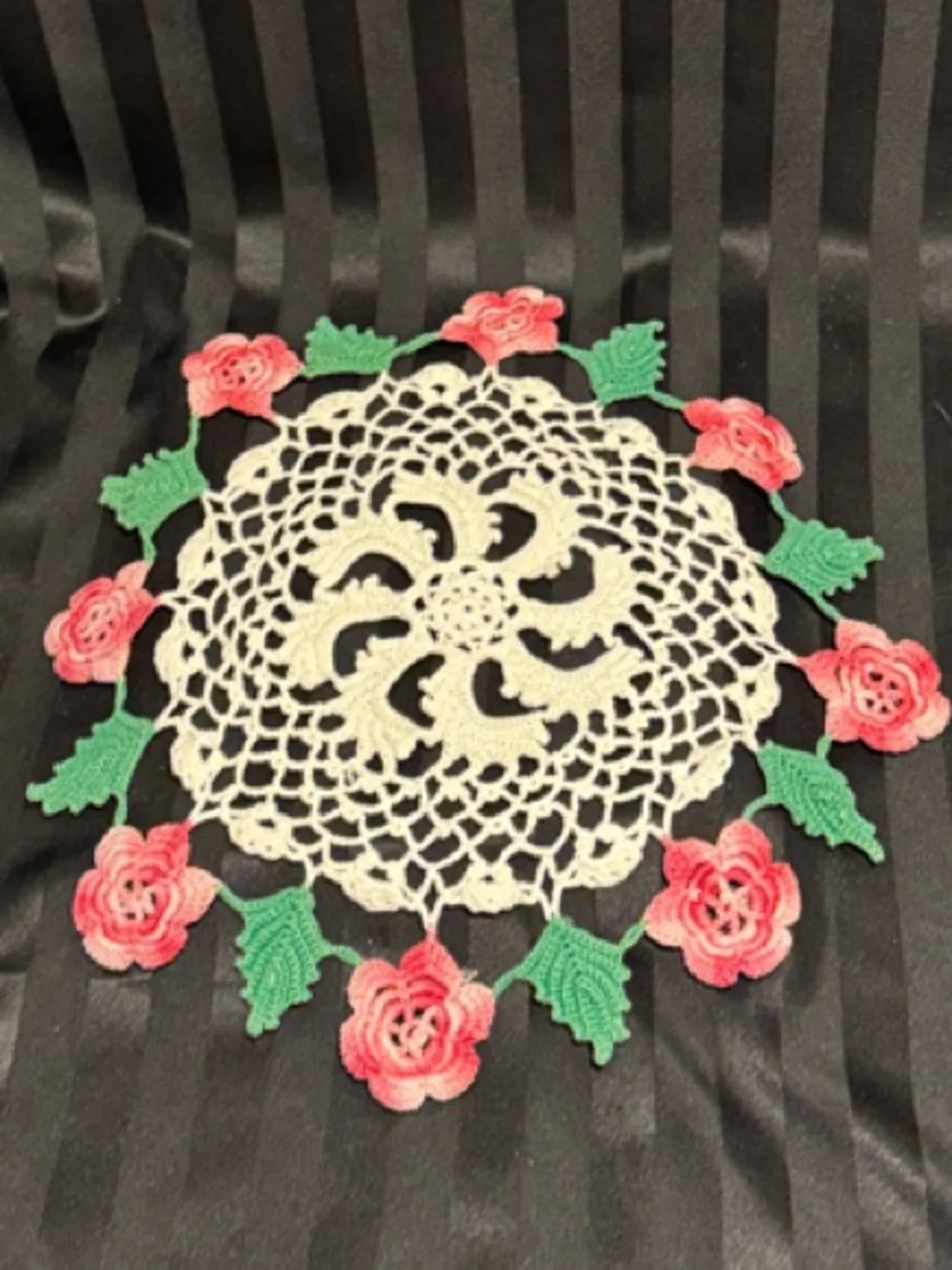 Handmade Irish Rose Crochet Doily with Multi-toned Pink Roses and Greenery